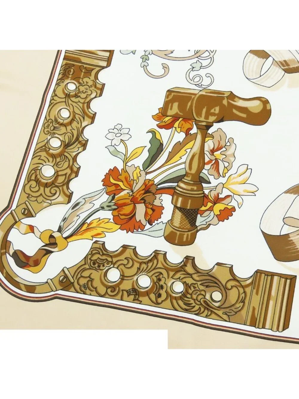 Hermes Carre 90 Beige Brown Silk Copeaux Sawdust Horse Pattern Tool Scarf